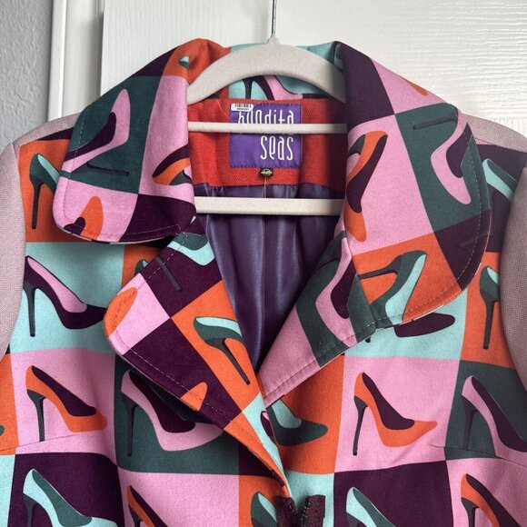 Emily in Paris style Bendita Seas Shoe Novelty Print 60s Style Designer Jacket - Picture 2 of 7